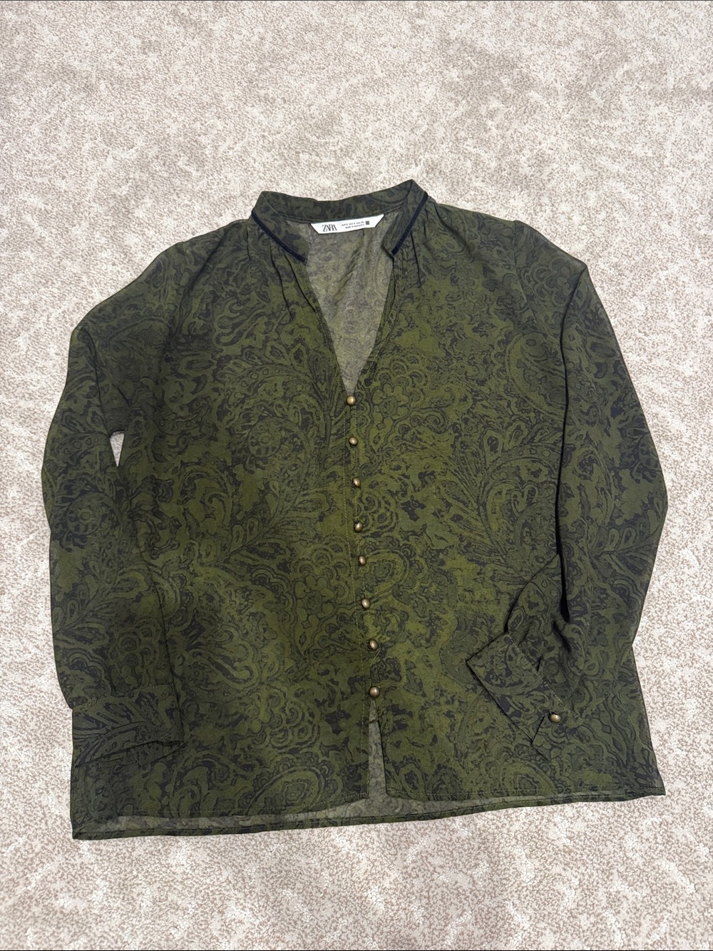 Zara Olive Green Paisley Button-Front Blouse